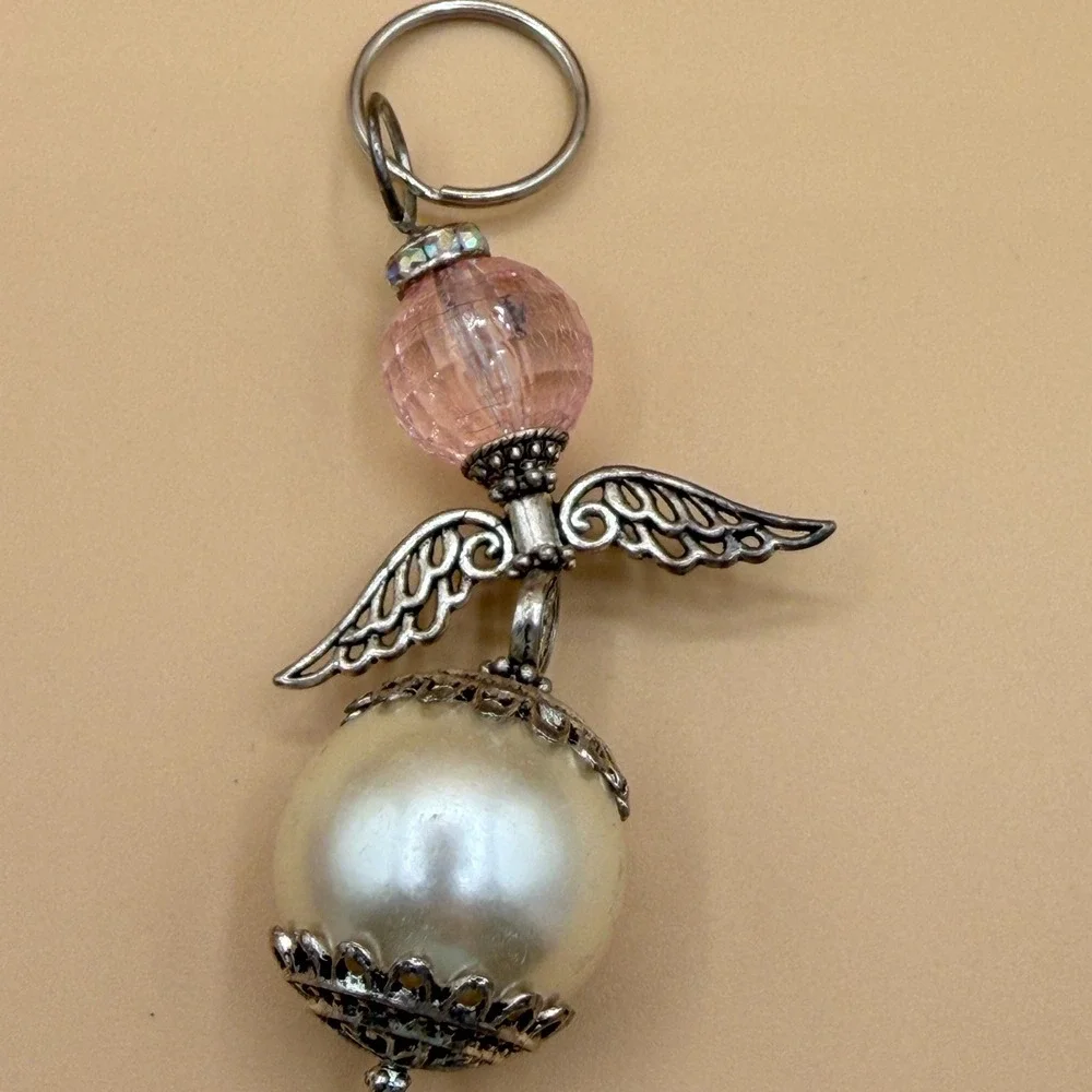 Guardian Angel Keychain Pearl Pink Bead Cherub Wing Charm Religious Prayer Gift